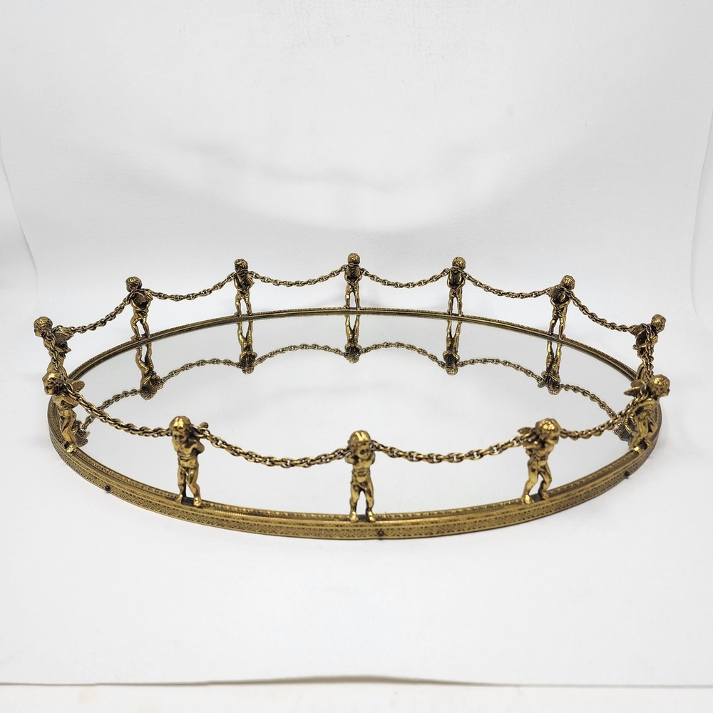 Vtg Globe 24K Gold Plated 12-Cherub Mirrored Vanity Tray Oval Ornate Putti Chain